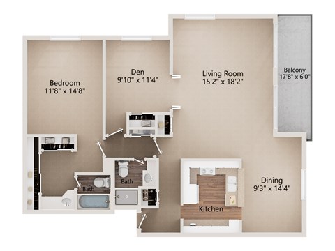 Floor plan for 2 beds, 2 baths, 1201 sqft